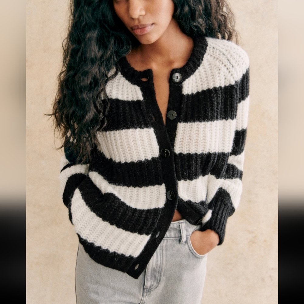 Sezane Emile Black and White Striped Cardigan